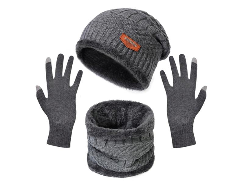Picture of Fresh Fab Finds FFF-Grey-GPCT4442 Winter Knitted Winter Warm Beanie & Touch Screen Set Knit Beanie Skull Cap Neck Warmer Mittens Hat Scarf Gloves for Men & Women&#44; Gray - 3 Piece