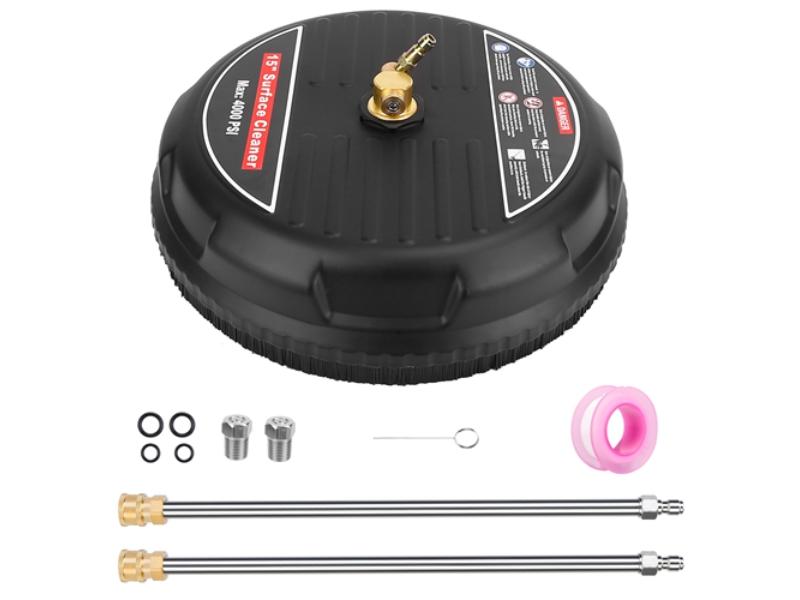 15 in. High Pressure Flat Surface Cleaner 4000PSI Disc Power Washer Broom with 2 Washer Extension Wands 2 x Replacement Nozzles, Black