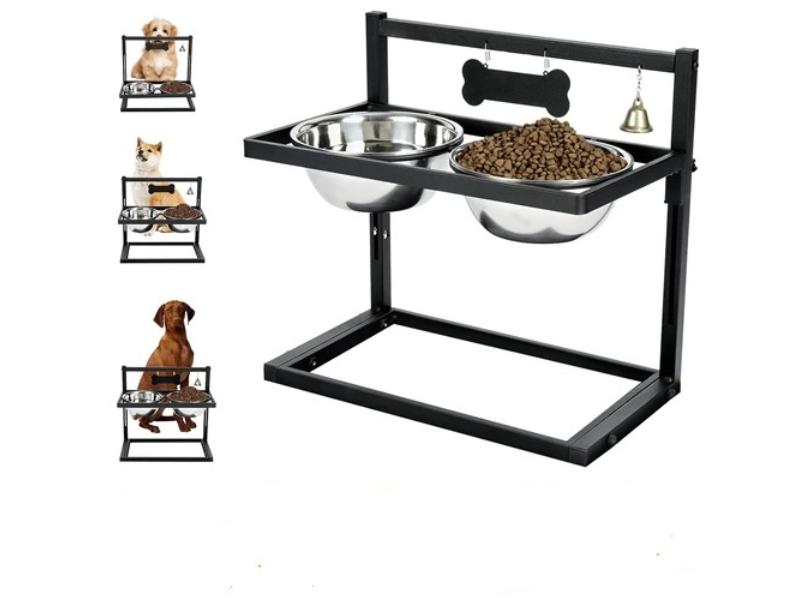 Picture of Fresh Fab Finds FFF-GPCT4383 4.1 to 12.4 in. Adjustable Height Stainless Steel Elevated Double Dog Bowls with Bell Name Plate for Small & Medium Large Dogs