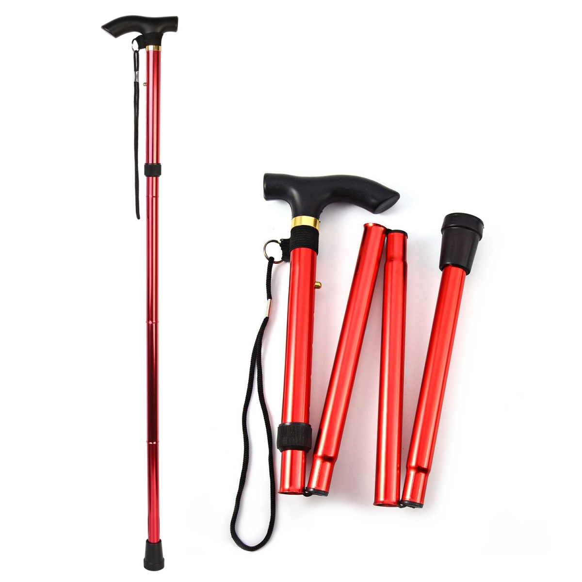 FFF-Red-GPCT1175 Walking Cane Aluminum Alloy Walking Stick Adjustable Folding Travel Hiking Stick Anti-Slip, Red
