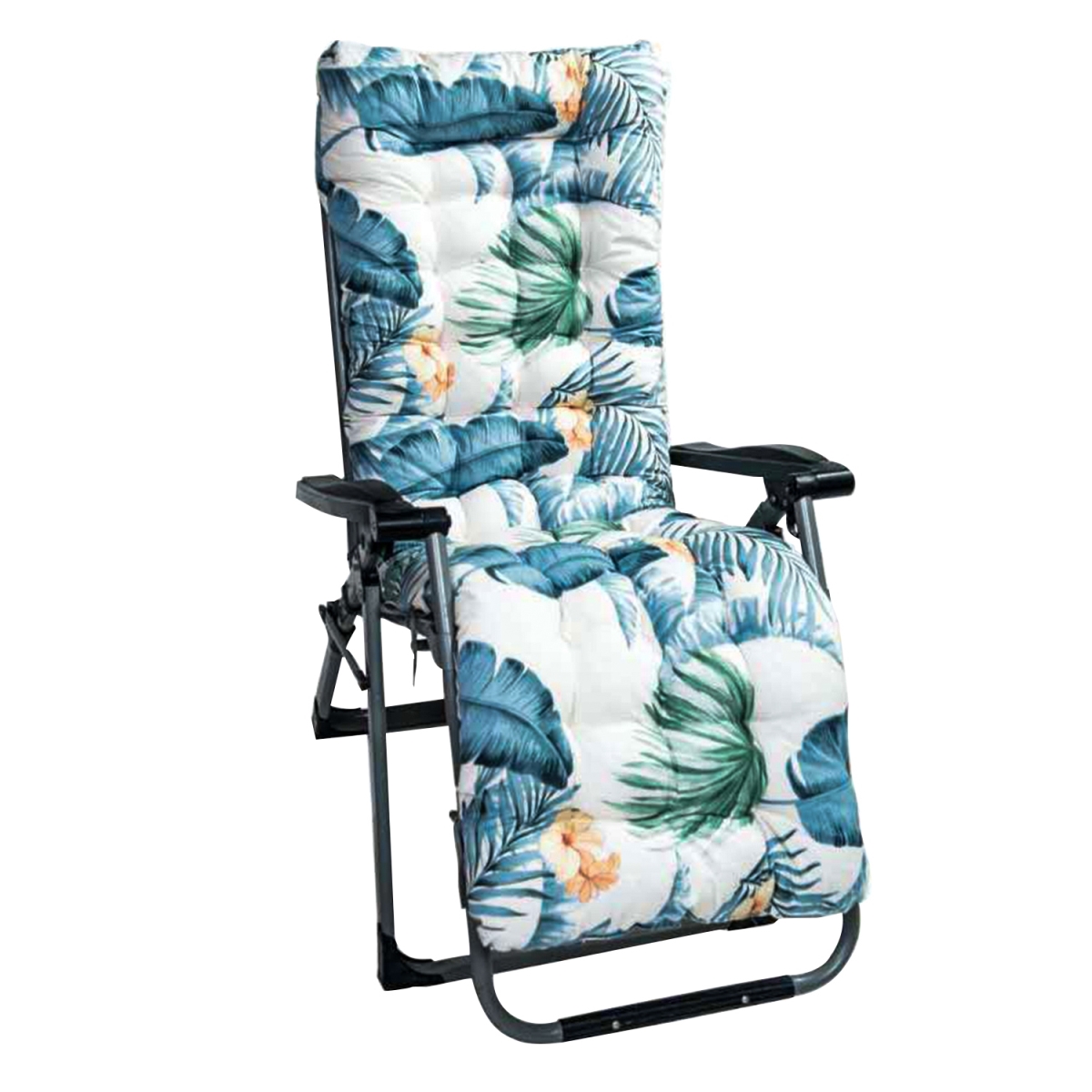 FFF-WhiteBlueLeaf-GPCT3220 67 x 22 in. Chaise Lounger White & Blue Leaf Cushion Recliner Rocking Chair Sofa Mat Deck Chair Cushion, Multi Color