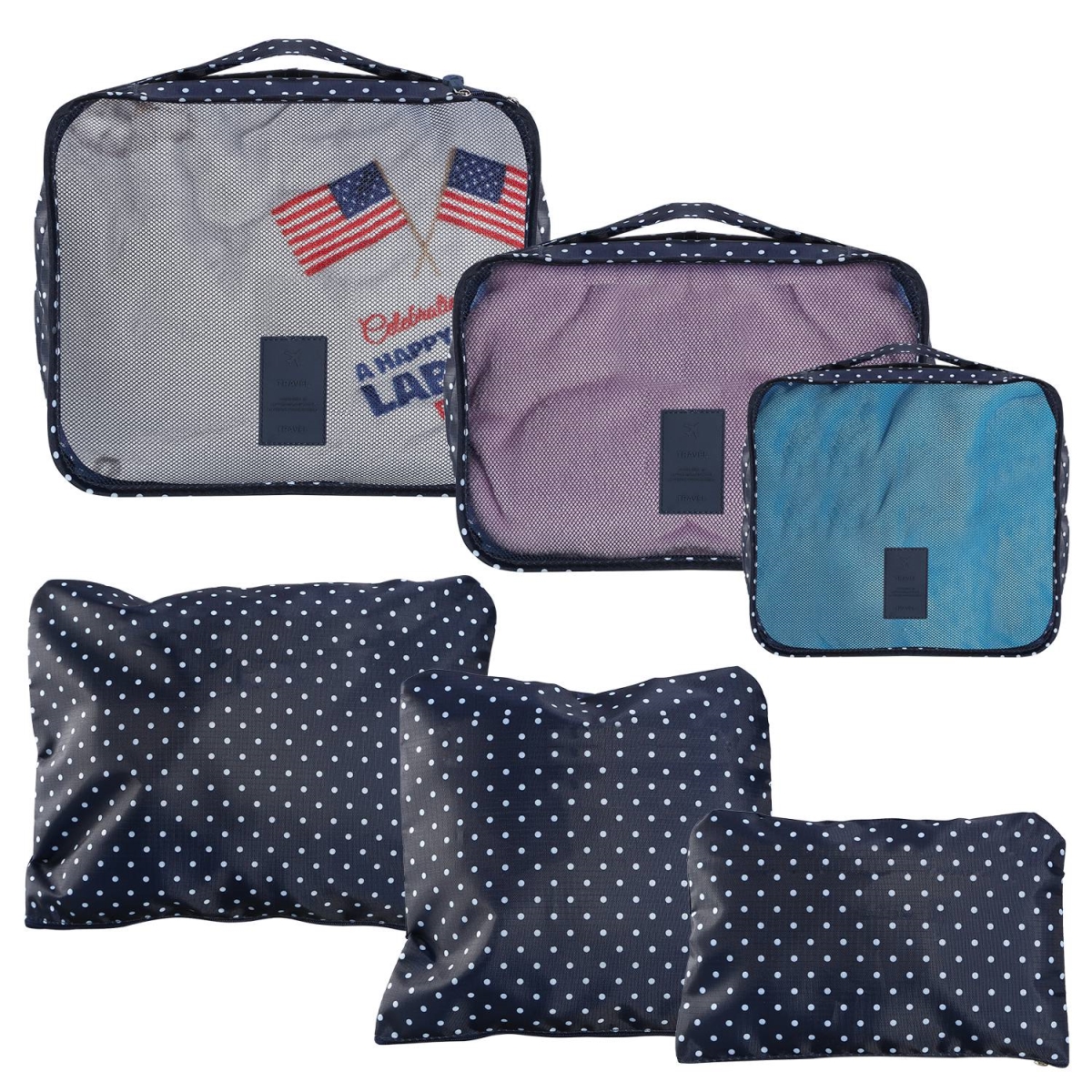 Picture of Fresh Fab Finds FFF-NavySpot-GPCT1234 Water-Resistant Travel Luggage Organizer Clothing Packing Cubes Clothes Storage Bags for Blouse Hosiery Stocking Underwear&#44; Navy - 9 Piece