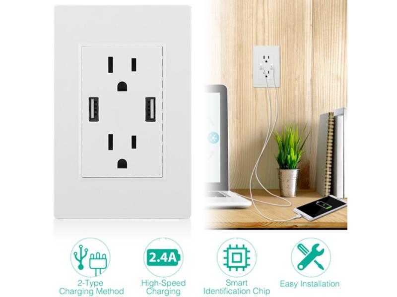 FFF-GPCT1528 USB Outlet Dual 2.4A USB Wall Charger High Speed Duplex Wall Socket US Standard, White