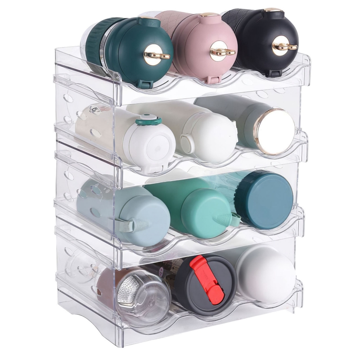 Picture of Fresh Fab Finds FFF-GPCT4096 4 Tier Bottle Storage - 12 Bottles Transparent Stackable Organizer for Kitchen Fridge Cabinet Pantry