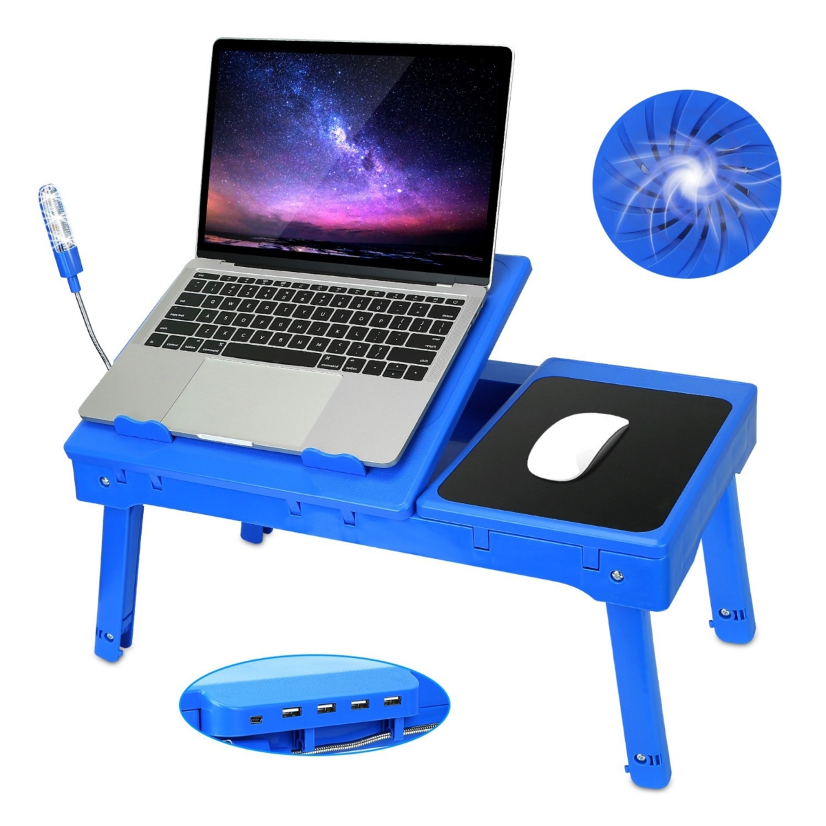 FFF-Blue-GPCT653 Foldable Laptop Table Bed Desk w/Cooling Fan Mouse Board LED 4 USB Ports Snacking Tray with Storage for Home Office