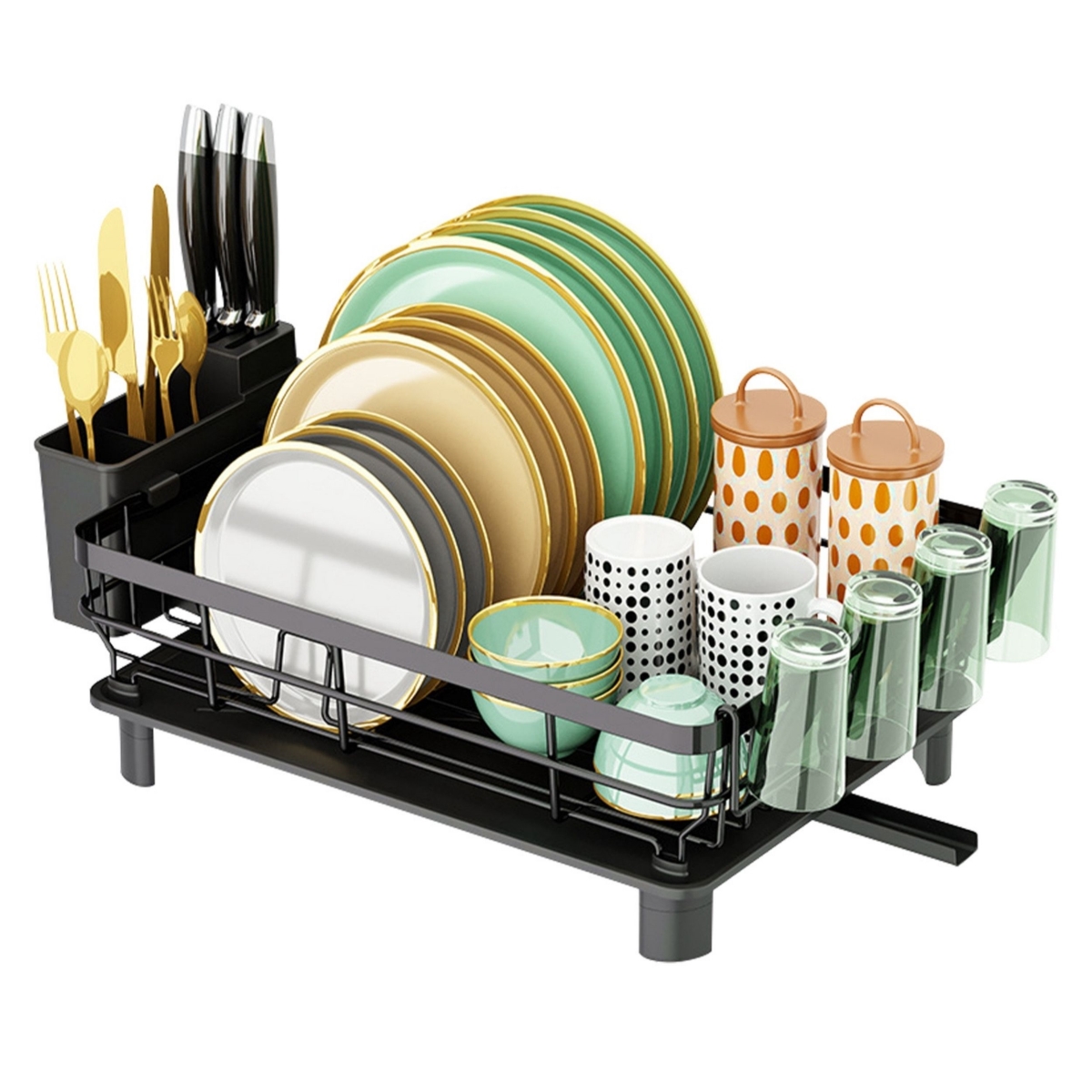 Picture of Fresh Fab Finds FFF-GPCT3845 Kitchen Countertop Dish Drying Rack with Utensil Holder&#44; Drain Board&#44; and Storage Shelf