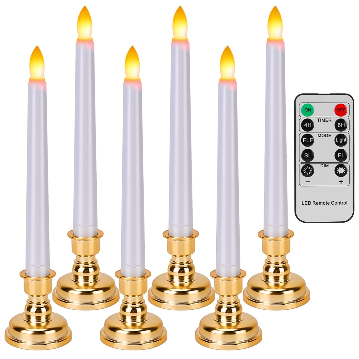 Picture of Fresh Fab Finds FFF-GPCT3228 6Pk Flameless Taper Candles 9.8in LED Warm White w/4 Modes Remote Timer Removable Candlesticks