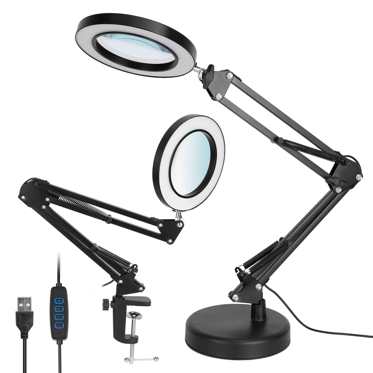Picture of Fresh Fab Finds FFF-GPCT3447 2-in-1 LED Magnifier Desk Lamp 8x with Light&#44; Clamp Stand&#44; Swing Arm&#44; USB Reading Lamp. 10 Brightness&#44; 3 Modes