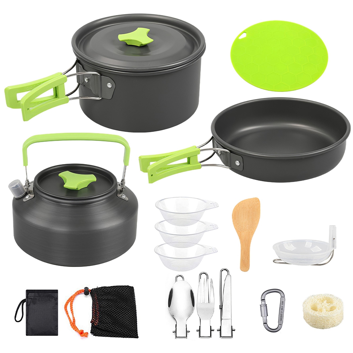 Picture of Fresh Fab Finds FFF-GPCT4678 Camping Cooking Ware Set, Stove Cookware Kit, Aluminum Pot Pan Kettle Set with Bowls Knife Fork Spoon Carabiner Spatula Cutting Board - Green - One Size - 16 Piece