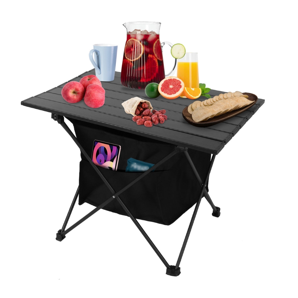 FFF-M-GPCT4697 Foldable Camping Table with Storage Basket, Rustproof Portable Aluminum Alloy - Black - Medium
