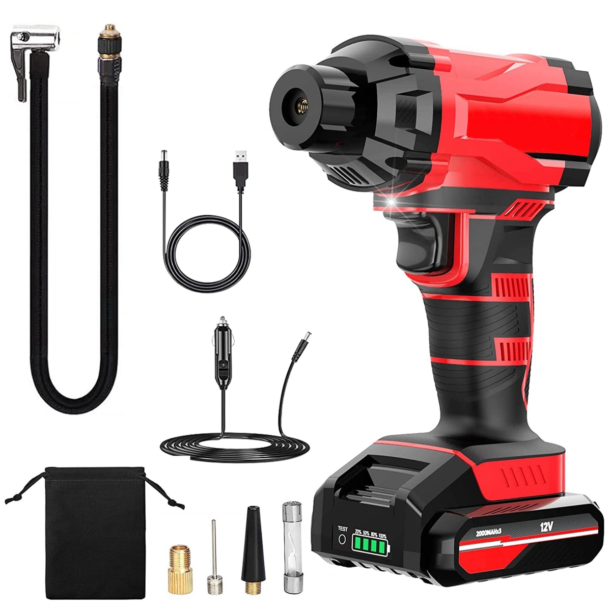 FFF-GPCT4042 150 PSI Cordless Car Tire Pump, 6000mAh Rechargeable 12V Portable Electric Air Compressor with LED Light - Black & Red - One Size