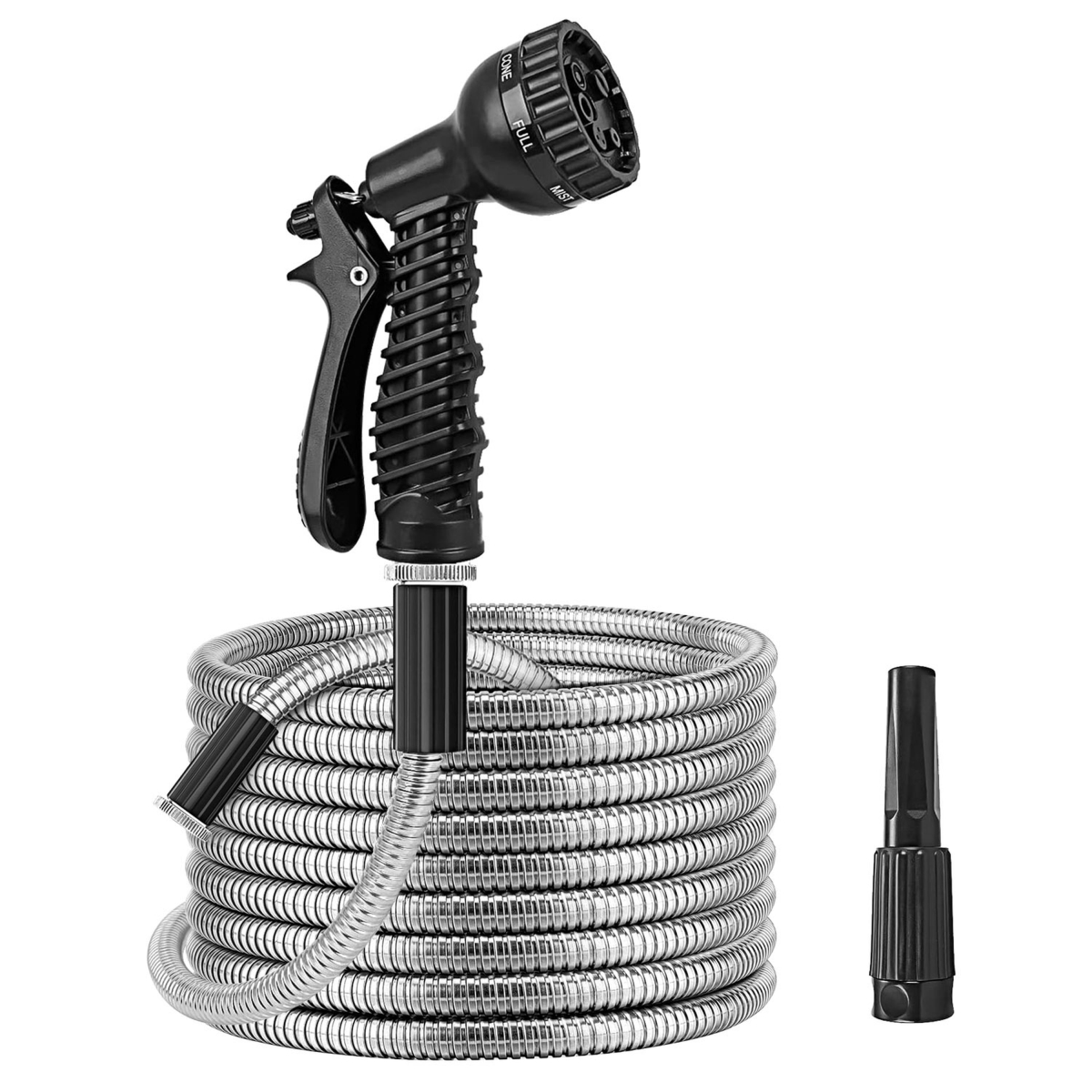 FFF-50FT-GPCT4792 Heavy Duty Stainless Steel Garden Hose, Watering Kit with 2 Nozzles 12 Patterns Flexible Extendable Kink Tangle - Gray - 50 ft.
