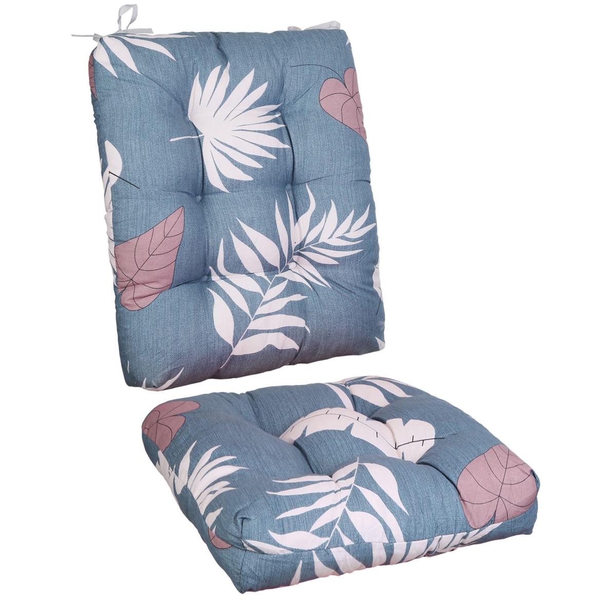 FFF-Blue-GreyLeaf-GPCT5132 Rocking Chair Cushion Set, Non-Slip Ties, Indoor Comfort Use - Blue & Gray Leaf - 2 Piece