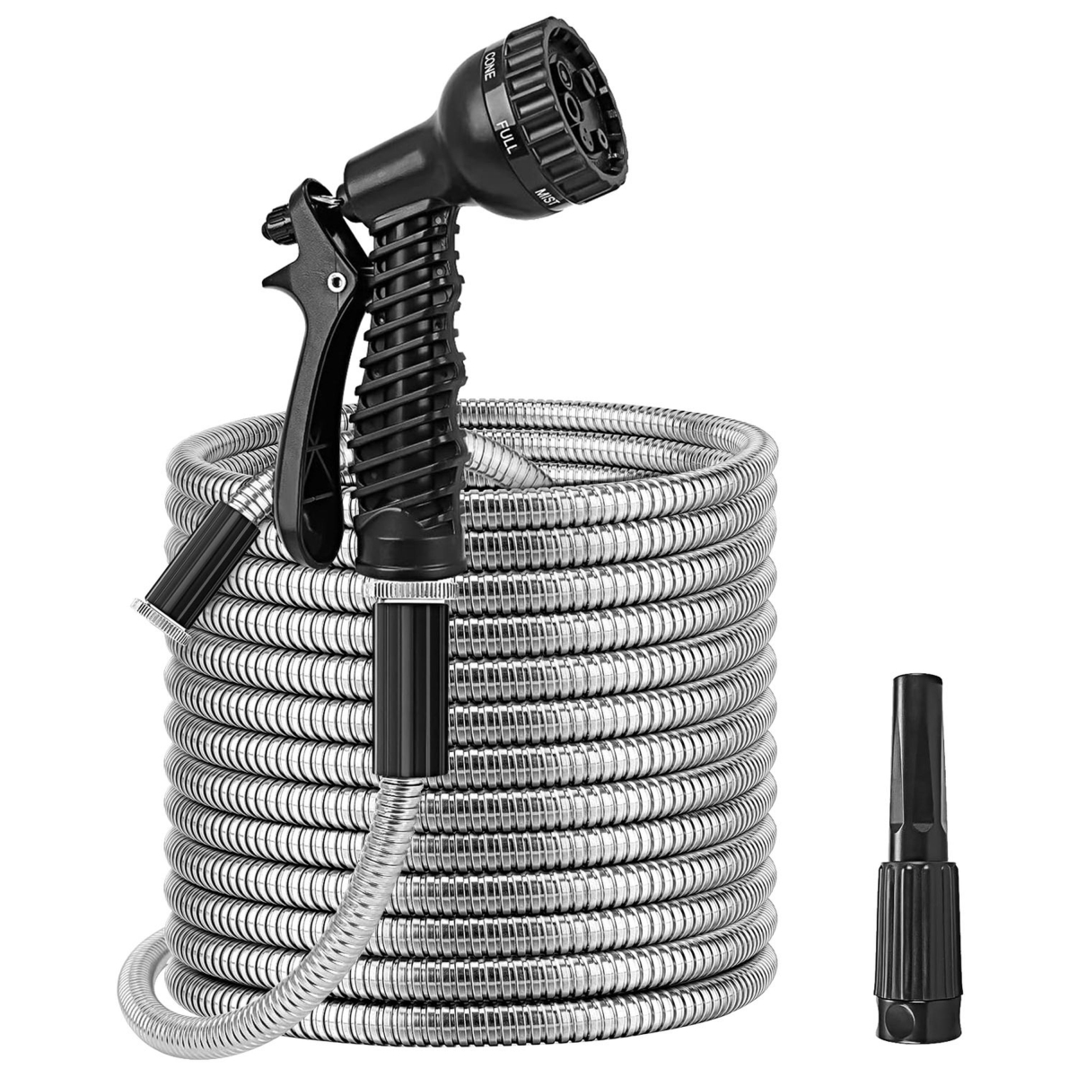 Heavy Duty Stainless Steel Garden Hose, Watering Kit with 2 Nozzles 12 Patterns Flexible Extendable Kink Tangle - Gray - 100 ft.