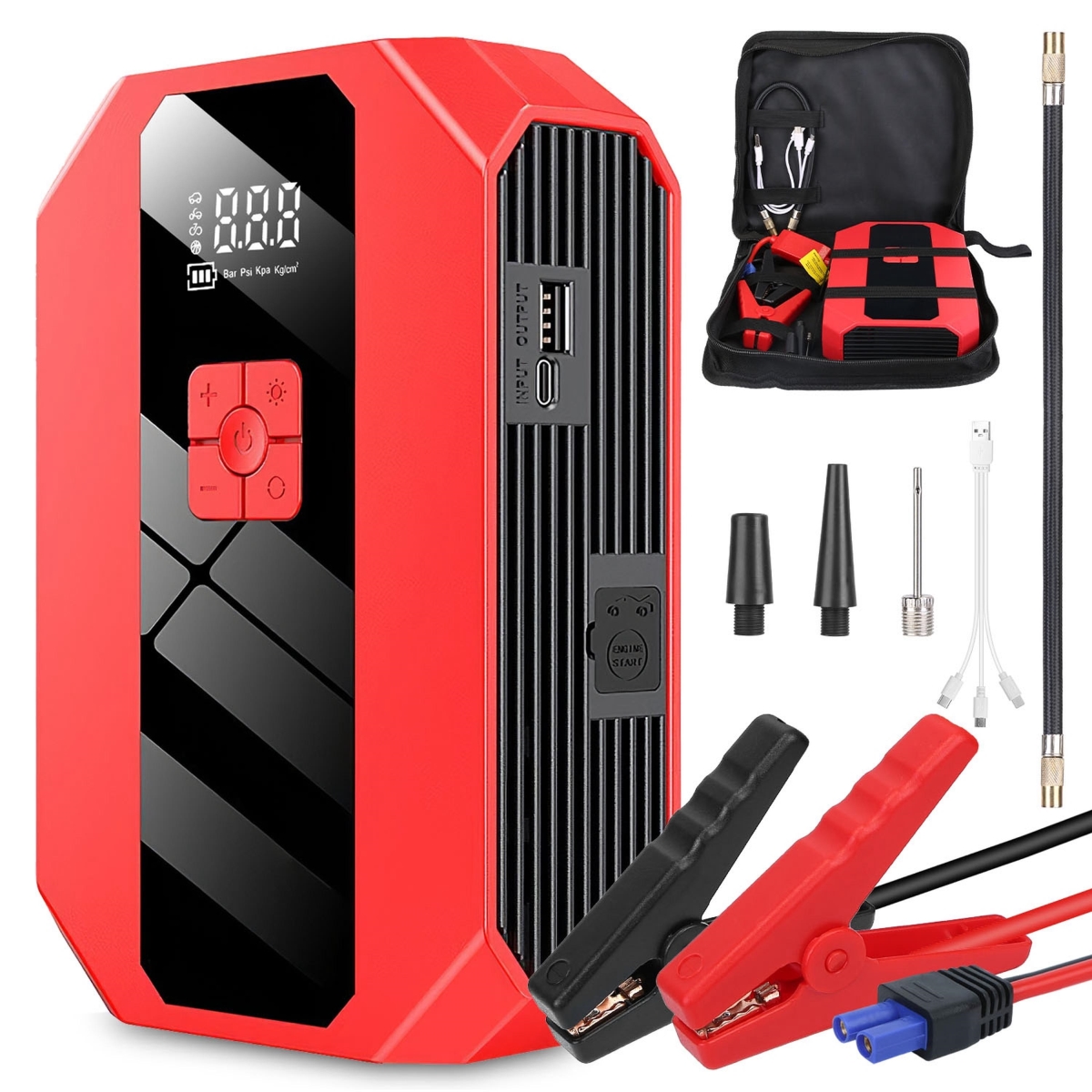 Portable Car Jump Starter, Air Compressor 1500A 400 PSI, Power Bank LED Flashlight Digital Tire Inflator for 4.0L Gasoline - Red - One Size