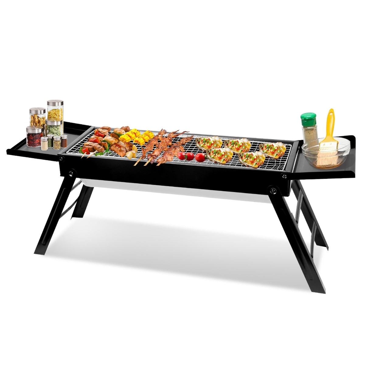 FFF-GPCT4752 Foldable Charcoal BBQ Grill with Shelf, Stainless Steel Net, Portable for Camping & Picnic - Black