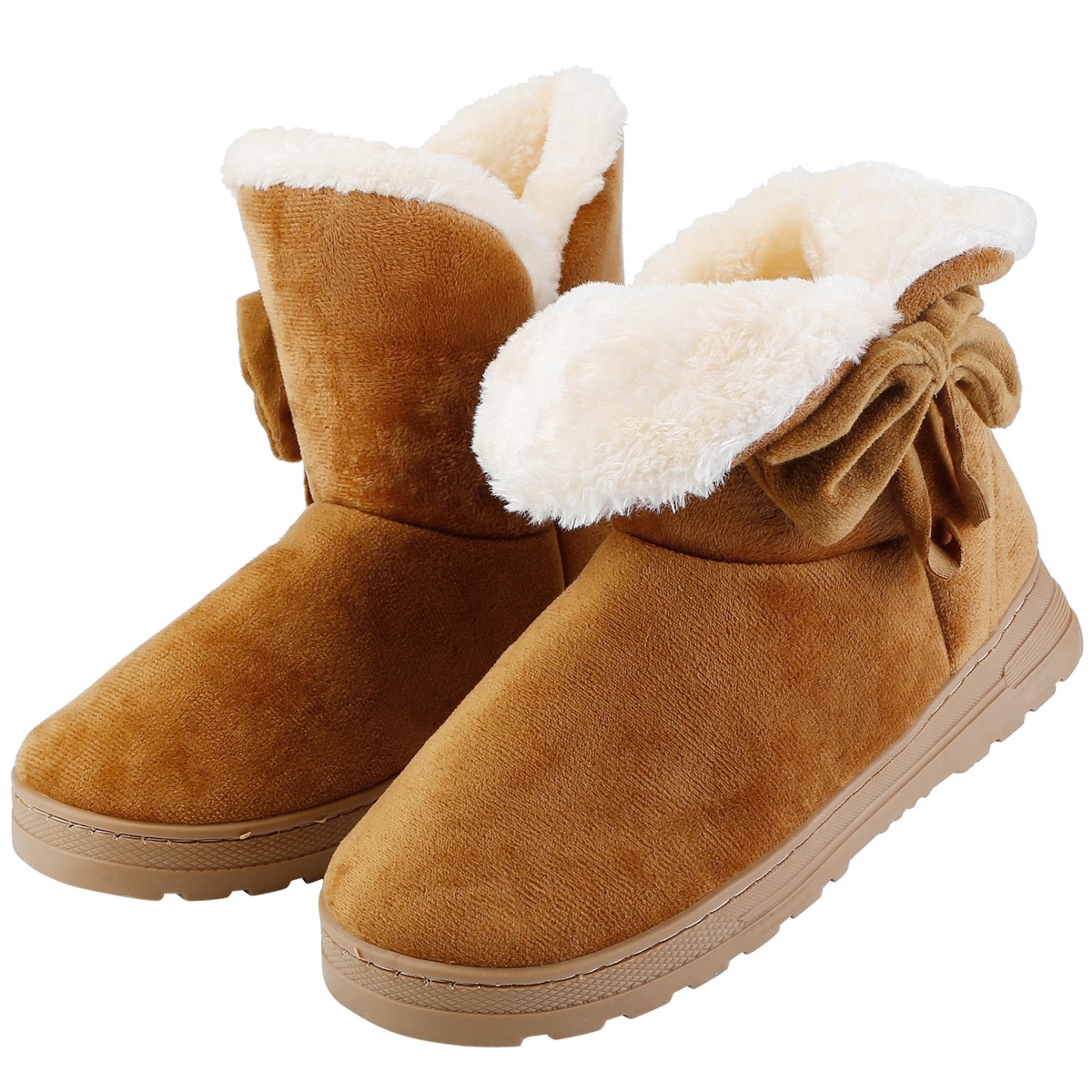 FFF-Brown-10-GPCT2621 Soft Fabric Plush Lining Anti-Slip Bowknot Mid-Calf Snow Boots for Women, Brown - Size 10