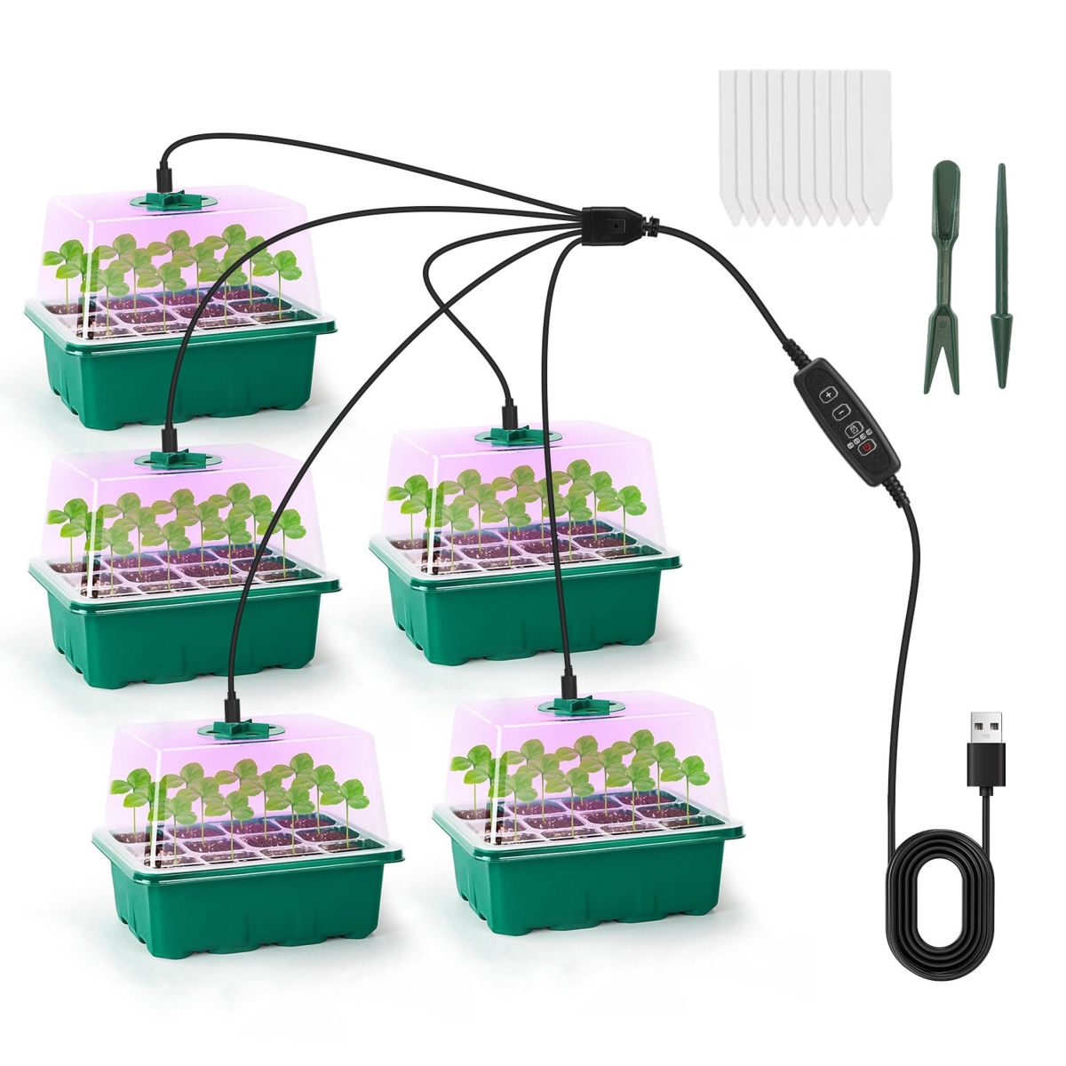 FFF-GPCT5324 Seed Starter Tray with Grow Light Dome Timer & Brightness Control - Green - One Size - Pack of 5
