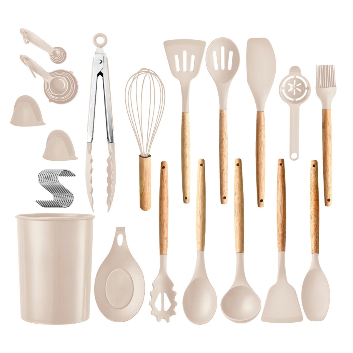 Picture of Fresh Fab Finds FFF-Khaki-GPCT4846 Kitchen Cooking Utensils Set with Holder Egg Whisk Separator Tong Turner Spoons - Khaki - One Size - 35 Piece