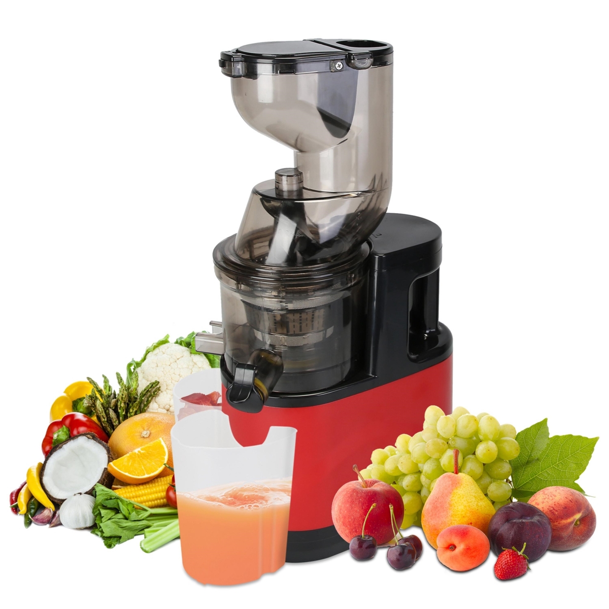Picture of Fresh Fab Finds FFF-GPCT5005 Cold Press Juicer Machine, 300W Electric Slow Masticating Juicer for Whole Vegetable & Fruit with Reverse Function 2 Containers Cleaning Brush - Red - One Size