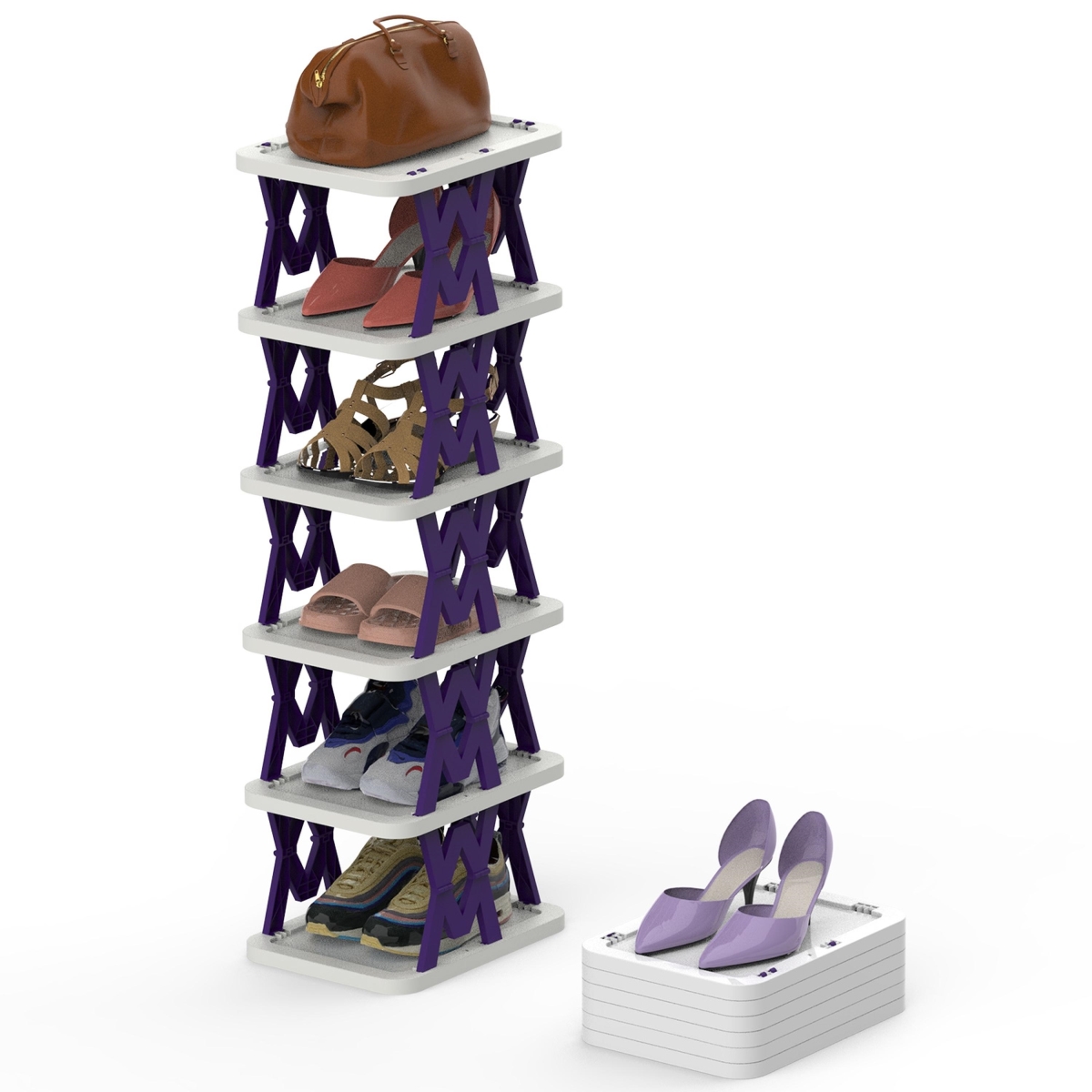 FFF-Purple-GPCT5069 6-Tier Foldable Shoe Rack, Vertical Organizer, Narrow, Space Saving for Entryway & Bedroom - Purple