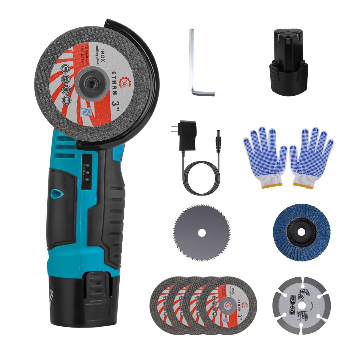 FFF-GPCT4947 12V Cordless Mini Angle Hand Polishing Grinding Machine with 7 Piece Disc, 2 Piece 1100mAh Batteries & Charger - Blue - One Size