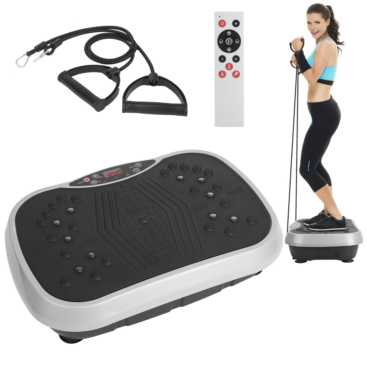 FFF-GPCT5092 Vibration Exercise Machine, Resistance Bands, Remote, Whole-Body Workout - Gray
