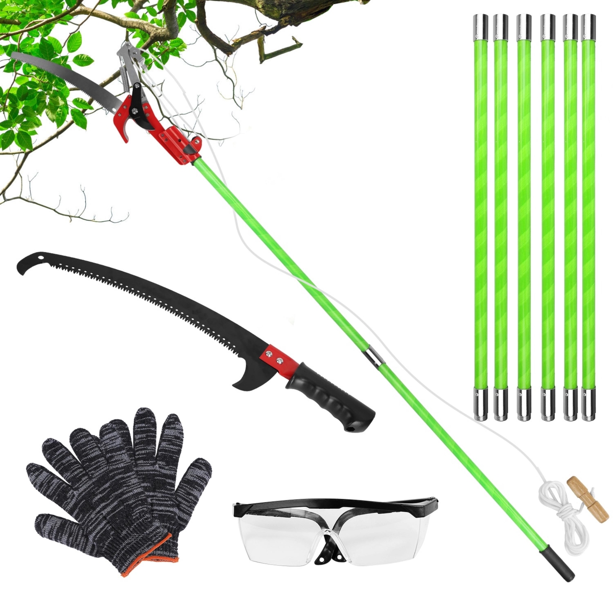 FFF-8M-GPCT5052 2-in-1 Extra Long Manual Pole Saw, 8.23-28.25 ft., Extendable, with Pruner & Saw Blades - Green - 8 m