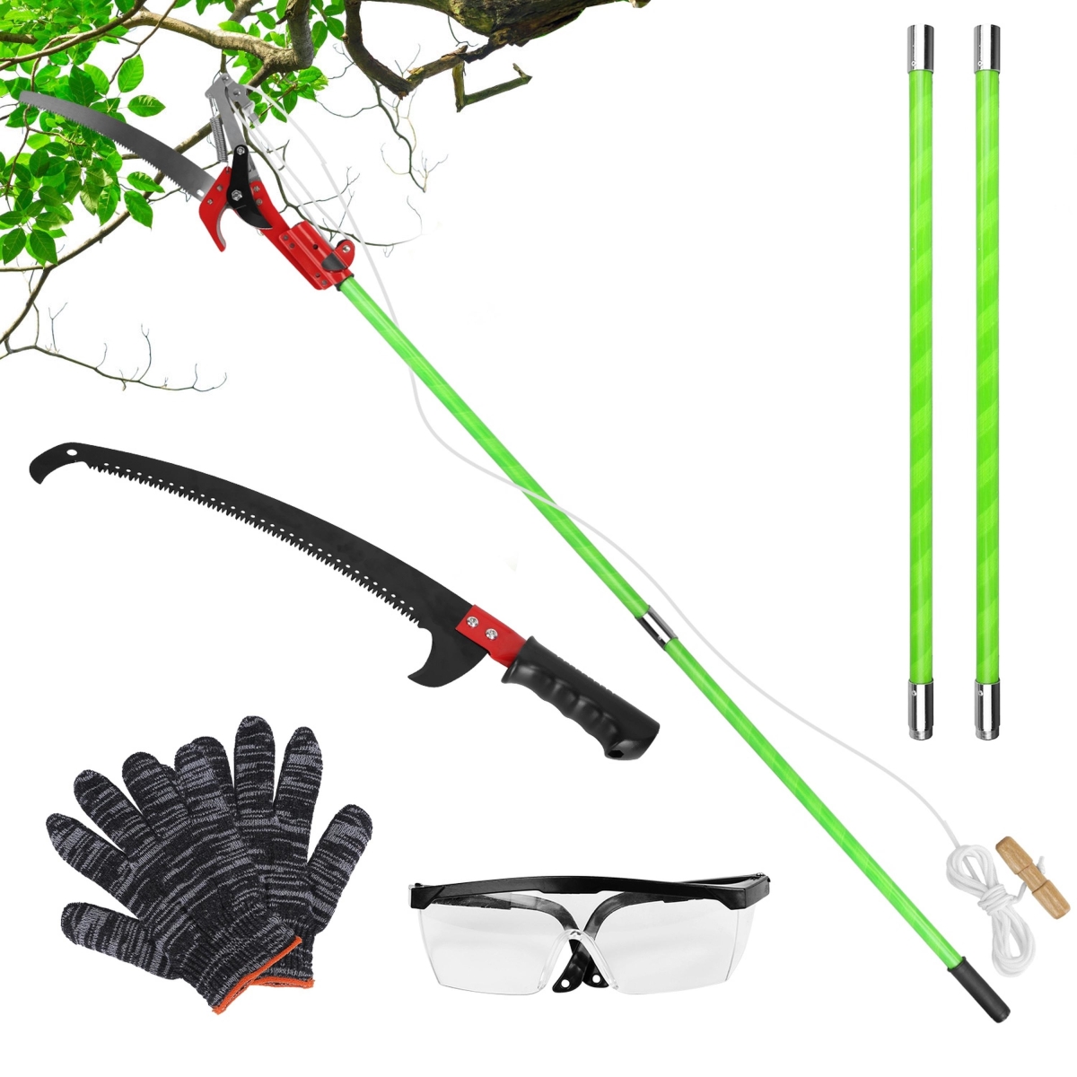 FFF-4M-GPCT5052 2-in-1 Extendable Manual Pole Saw, 8.23-15.12 ft. Tree Pruner with Blades & Gear - Green - 4 m