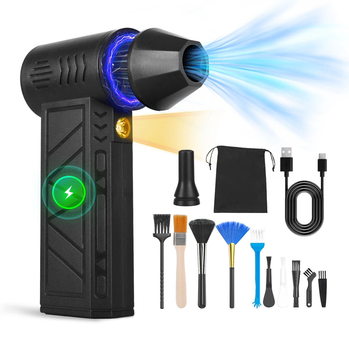FFF-GPCT5104 Compressed Air Duster with LED Light, 150000RPM, Rechargeable, 4 Speeds for PC Cleaning - Black