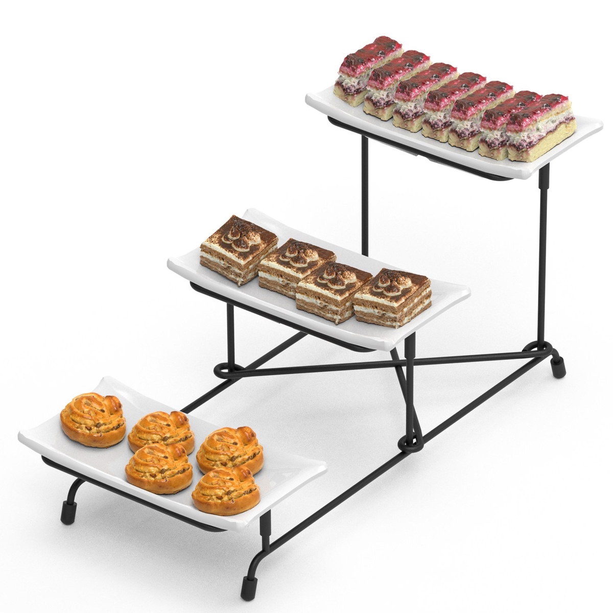 Picture of Fresh Fab Finds FFF-GPCT5022 3-Tier Plastic Serving Tray, Dessert Server Display Serving Stand Dinnerware with 3 Rectangular Plastic Serving Platters Metal Stand for Entertaining - Black - One Size