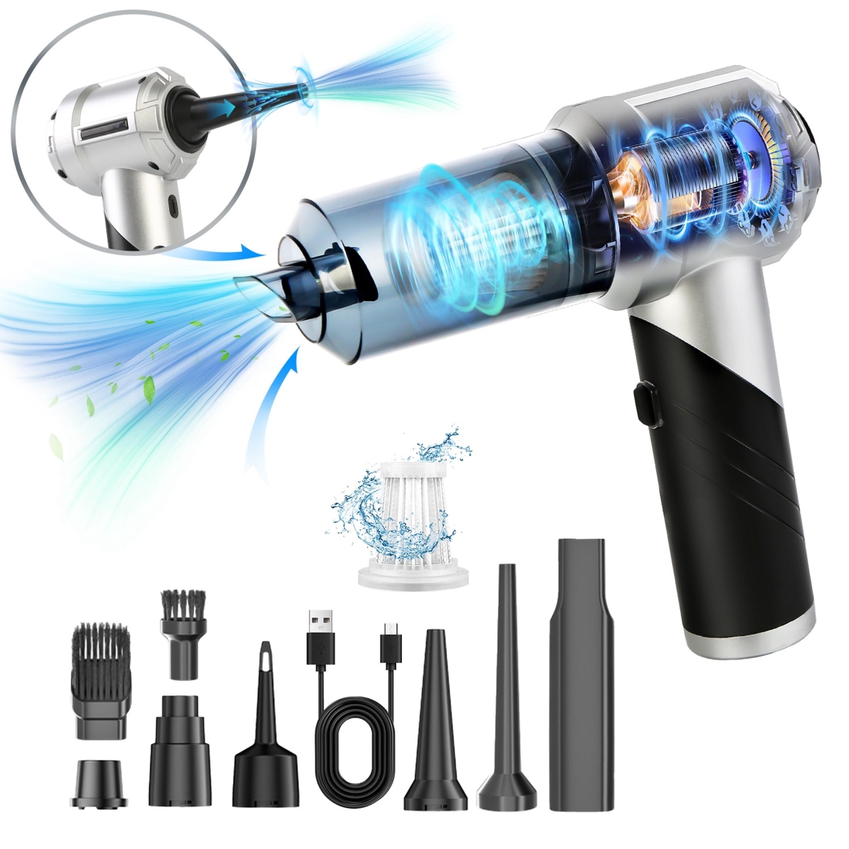 FFF-GPCT5167 Cordless Car Vacuum Cleaner, 20000PA Suction, Rechargeable, 3 Levels - Silver