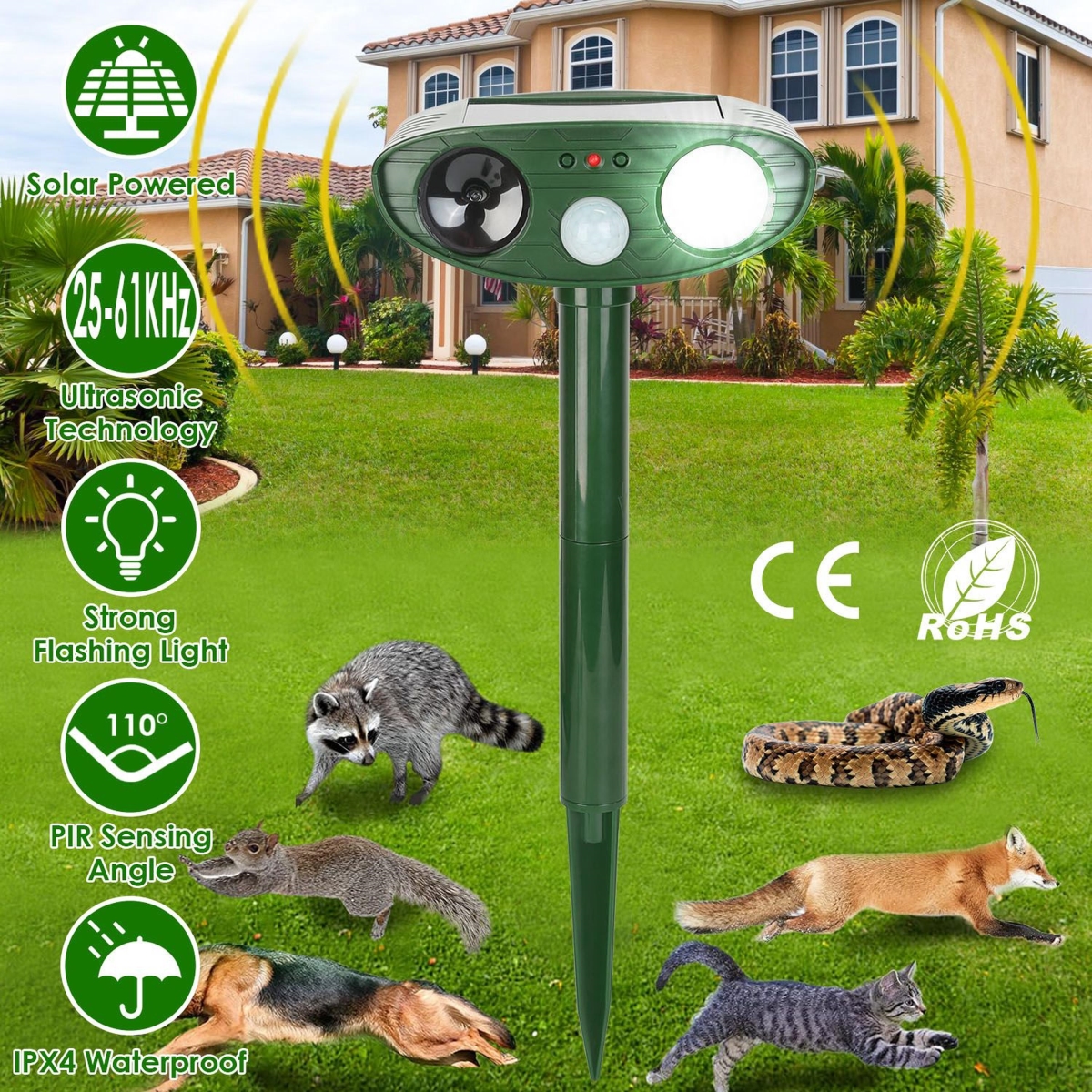 FFF-LED-GPCT5371 Solar Ultrasonic Animal Repeller with PIR Sensor & Flashing Light - IPX4 - Green - One Size