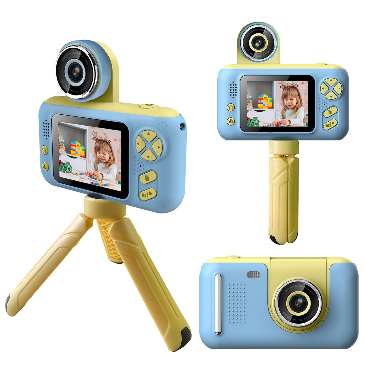 FFF-Blue-GPCT3732 Kids Digital Camera with Flip Lens, Tripod 2.4 in. Screen 32G MMC Card for 3-10 Year Old Boys - Blue - One Size