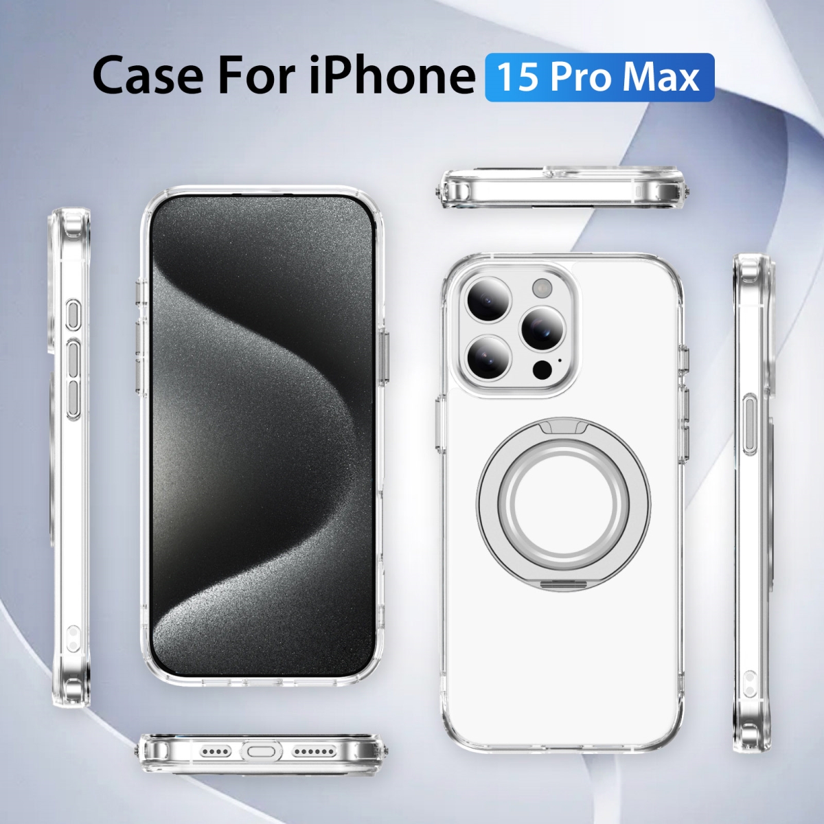IP15PM-CLEAR MagSafe Clear Case with 360 Deg Rotatable Ring Stand for iPhone 15 Pro Max