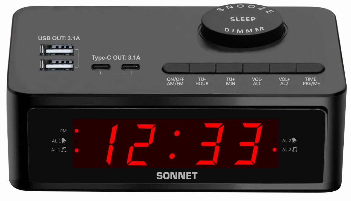 Led Clock Radio With  2 Usb-A And 2 Usb-C Ports