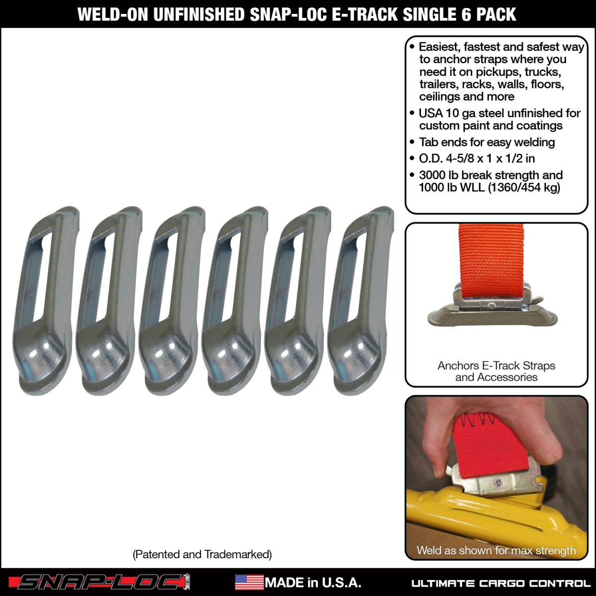 SLSWU6 Weld-on Unfinished Steel E-Track Single Strap Anchor - Pack of 6