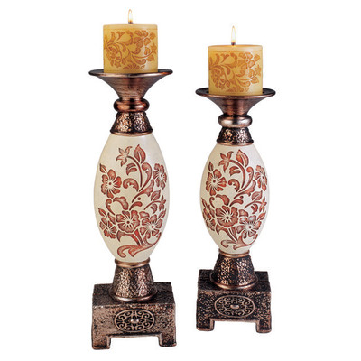 SK-4214C 2 Piece Floral Decorative Candlestick Set, Brown