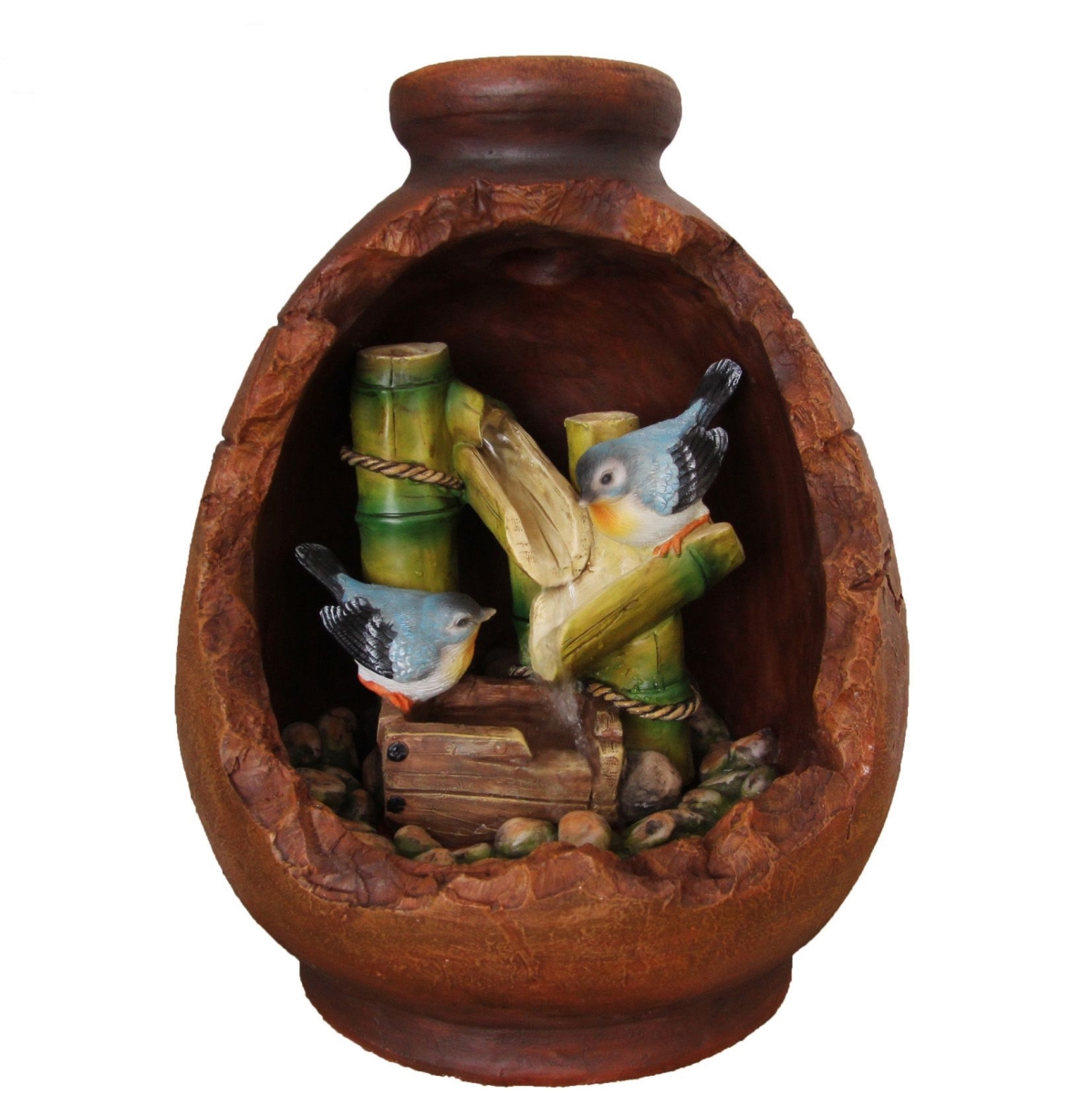 Birds Resting on Bamboo in Jar Water Fountain