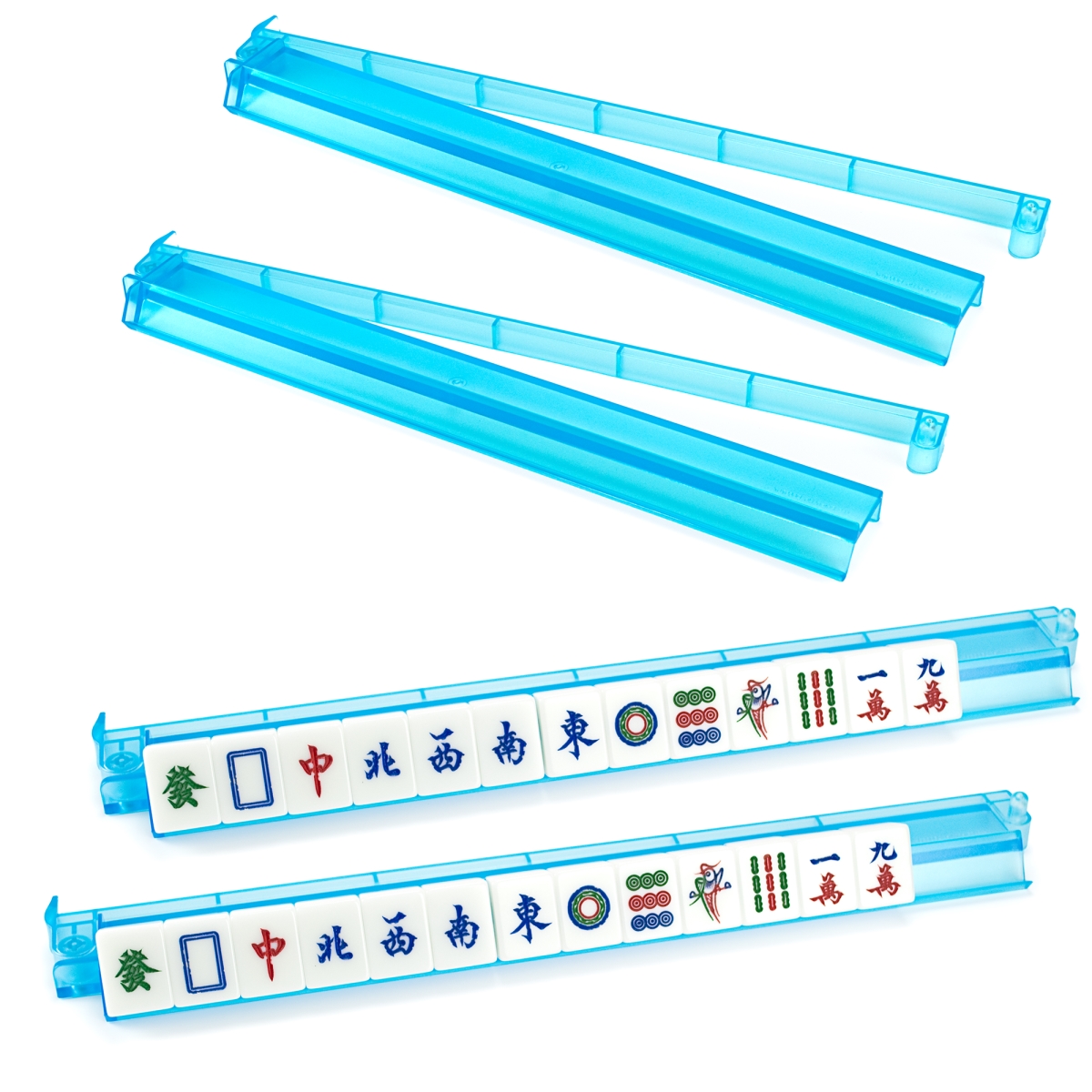 Picture of Sterling Games 3893TTU-4 Sterling Games Translucent Turquoise Plastic Mah Jongg Racks with Pusher Arm~Set of 4