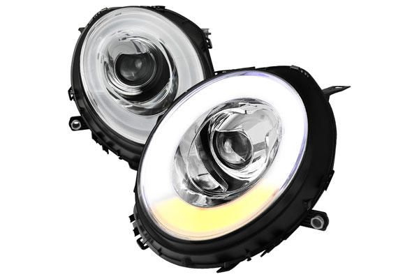 2LHP-MINI06-V2-TM 2007-2012 Mini Cooper Chrome Projector Headlights with Light Bar