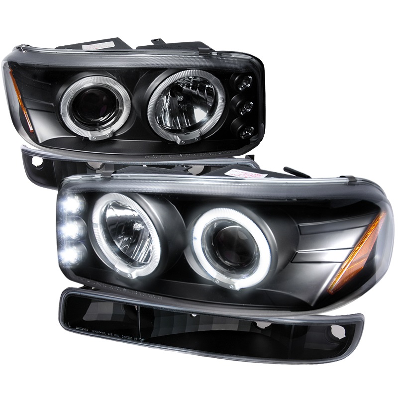 2LBLHP-GMC99JM-TM Amber Black Projector Headlights & Bumper Lights for 1999-2007 GMC Sierra 1500, 2500