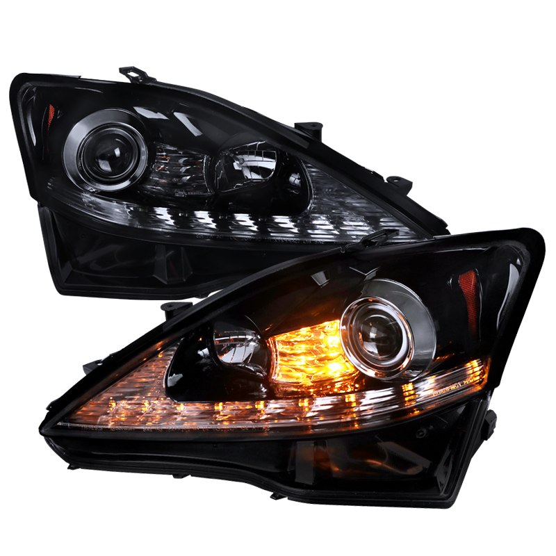 2LHP-IS25006G-SQ-TM LED Glossy Black Housing Projector Headlights with Light Smoke Lens for 2006-2009 Lexus IS