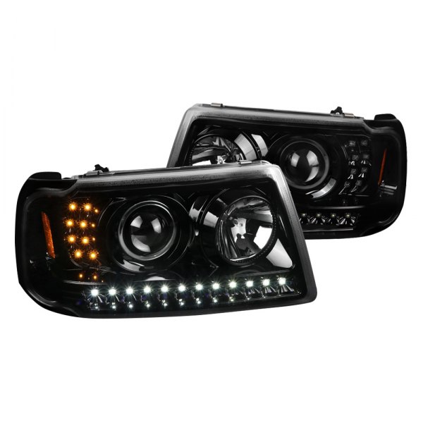 2LHP-RAN01BK-TM Full Glossy Black Housing Projector Headlights with Clear Lens for 2001-2011 Ford Ranger