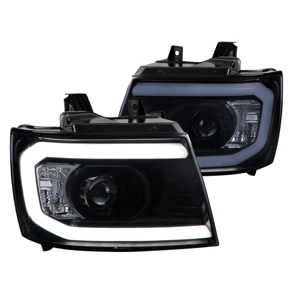 2LHP-AVA07G-G2-TM Glossy Black Housing Smoke Lens with Amber Projector Headlights for 2007-2013 Chevy Avalanche
