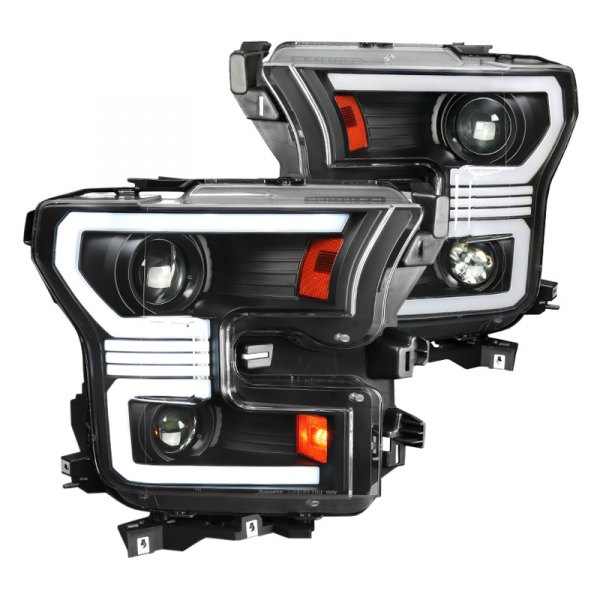 2LHP-F15015JM-SQ-RS Matte Black Housing Clear Lens Sequential Turn Signal with LED Projector Headlights for 2015-2017 Ford F-150