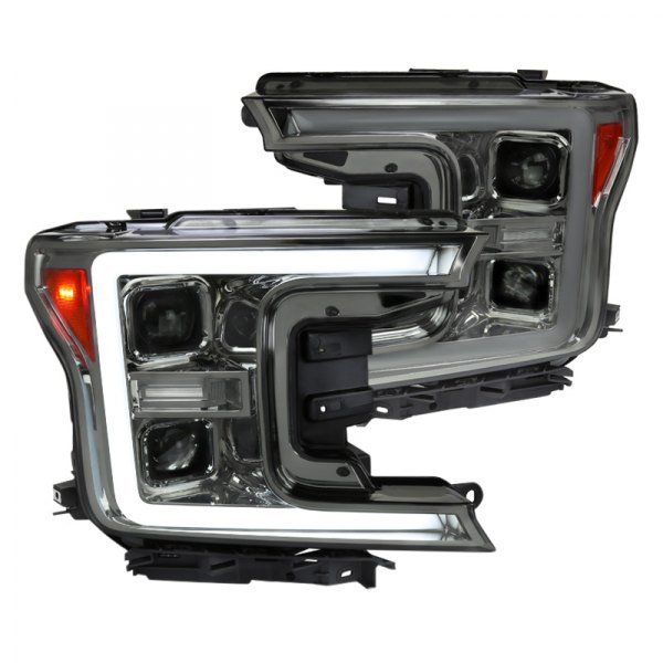 2LHP-F15018G-SQ-RS Chrome Housing Smoke Lens with Sequential Turn Signal with LED Projector Headlights for 2018-2020 Ford F-150