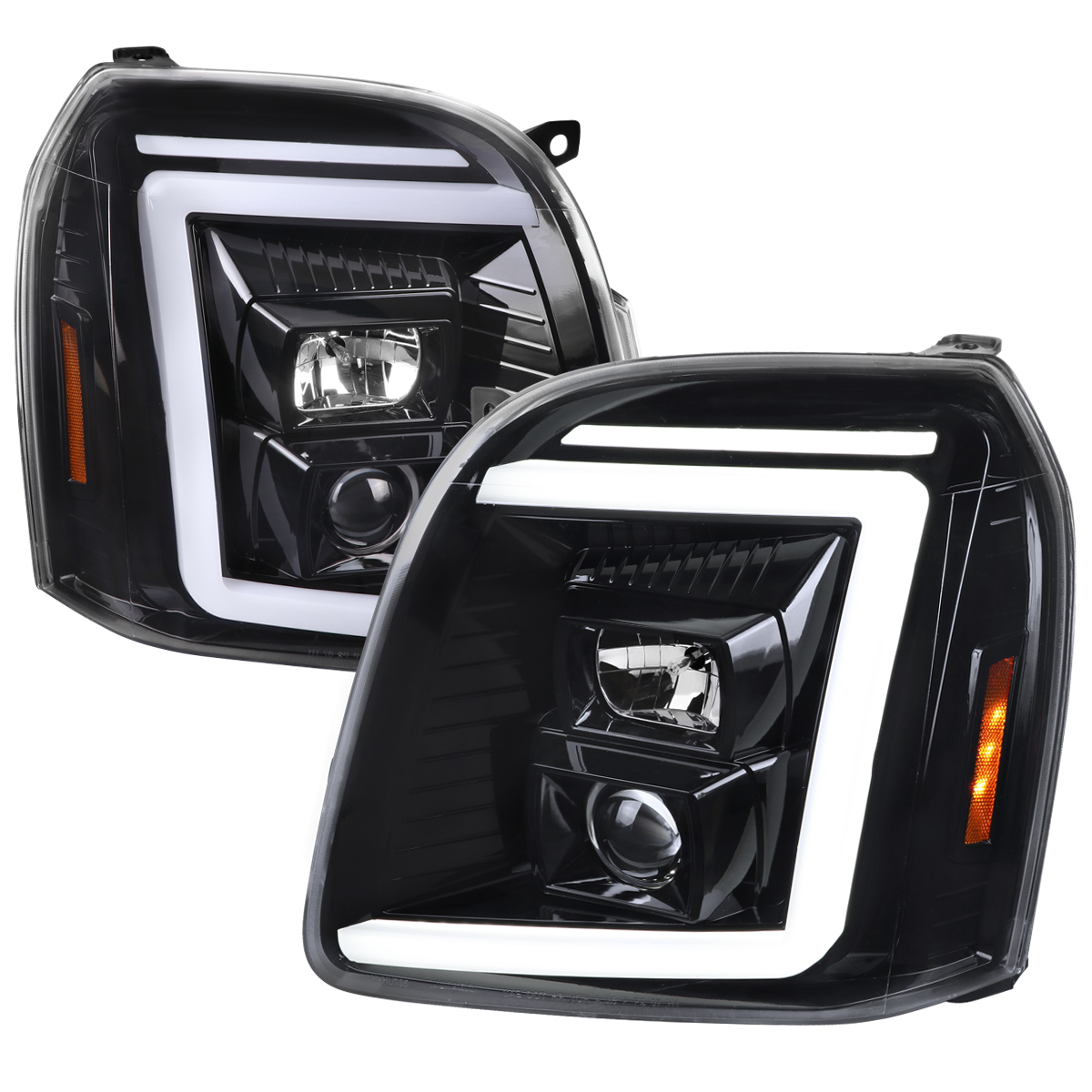 2LHP-DEN07BK-G2-TM Swtichback & Sequential Turn Signal Projector Headlight with LED Bar Glossy Black Housing & Clear Lens for 2007-2014 GMC Yukon