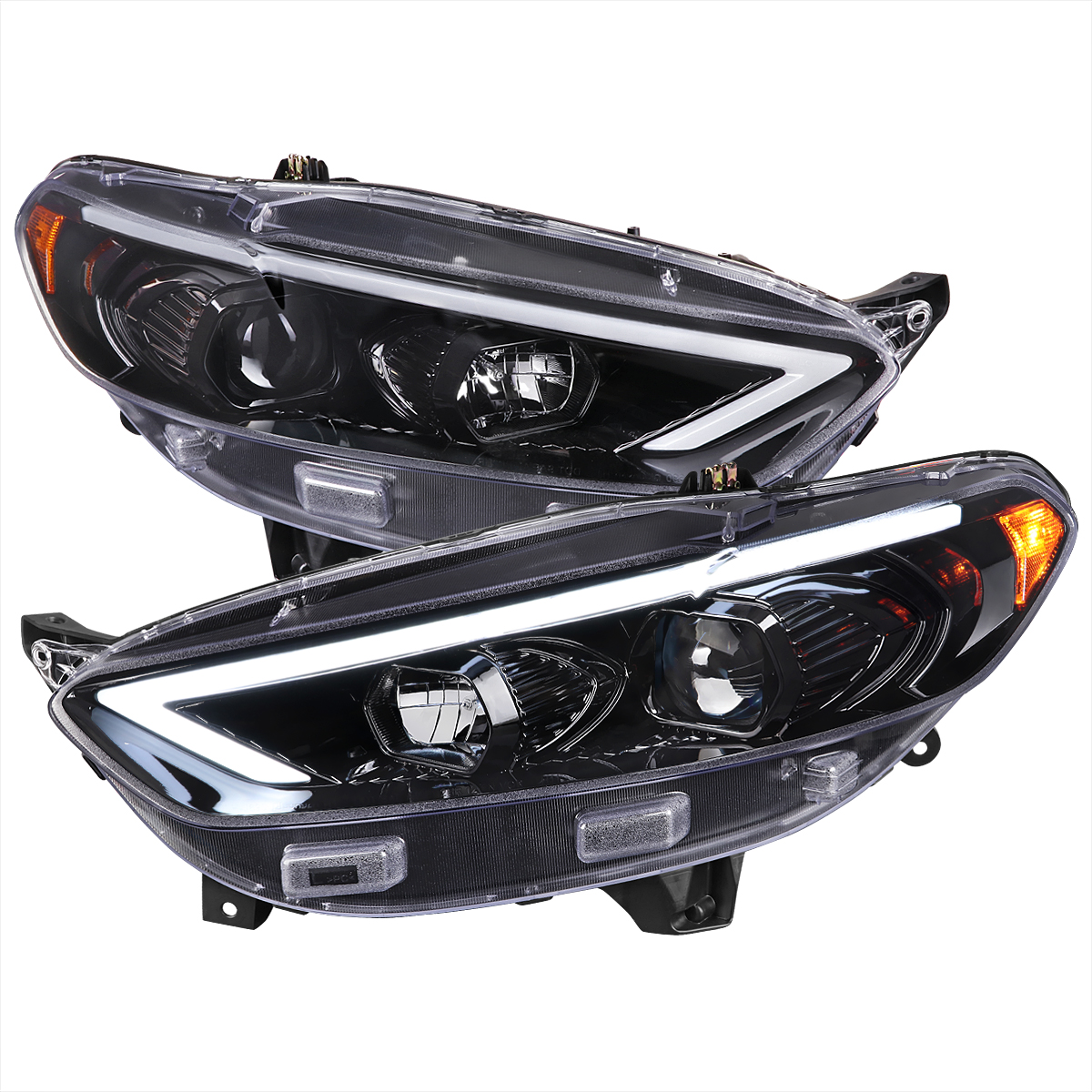 2LHP-FUS13BK-SQ-TM Sequential Switchback Turn Signal LED Bar Projector Headlight with Glossy Black Housing Clear Lens for 2013-2016 Ford Fusion
