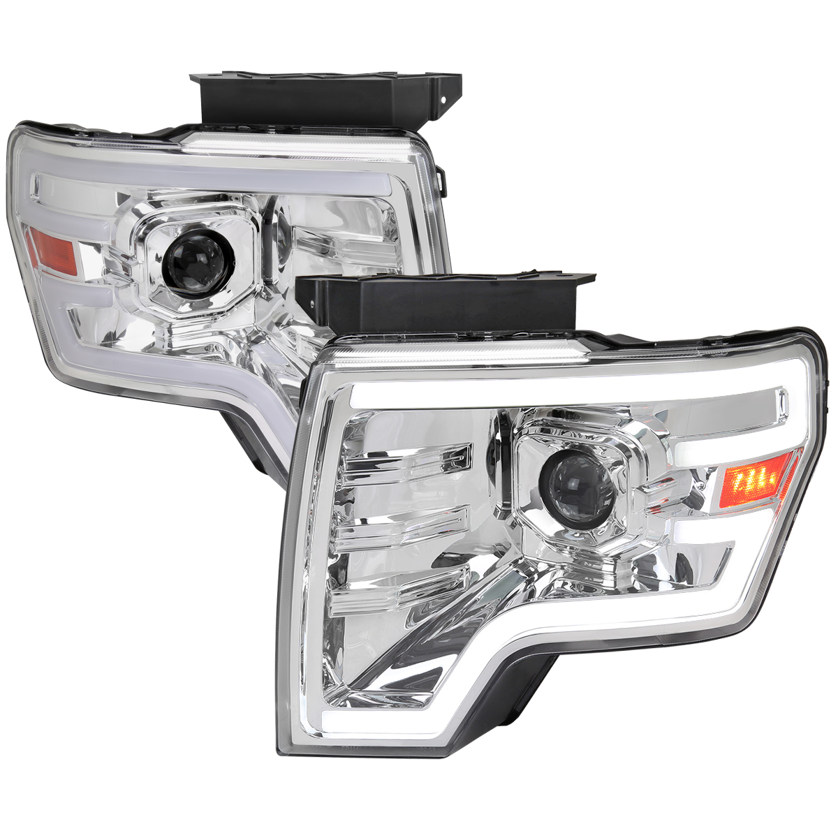 Chrome Housing & Clear Lens Projector Headlight with Switchback LED Sequential Turn Signal Breathing Light Effect for 2009-2014 Ford F-150